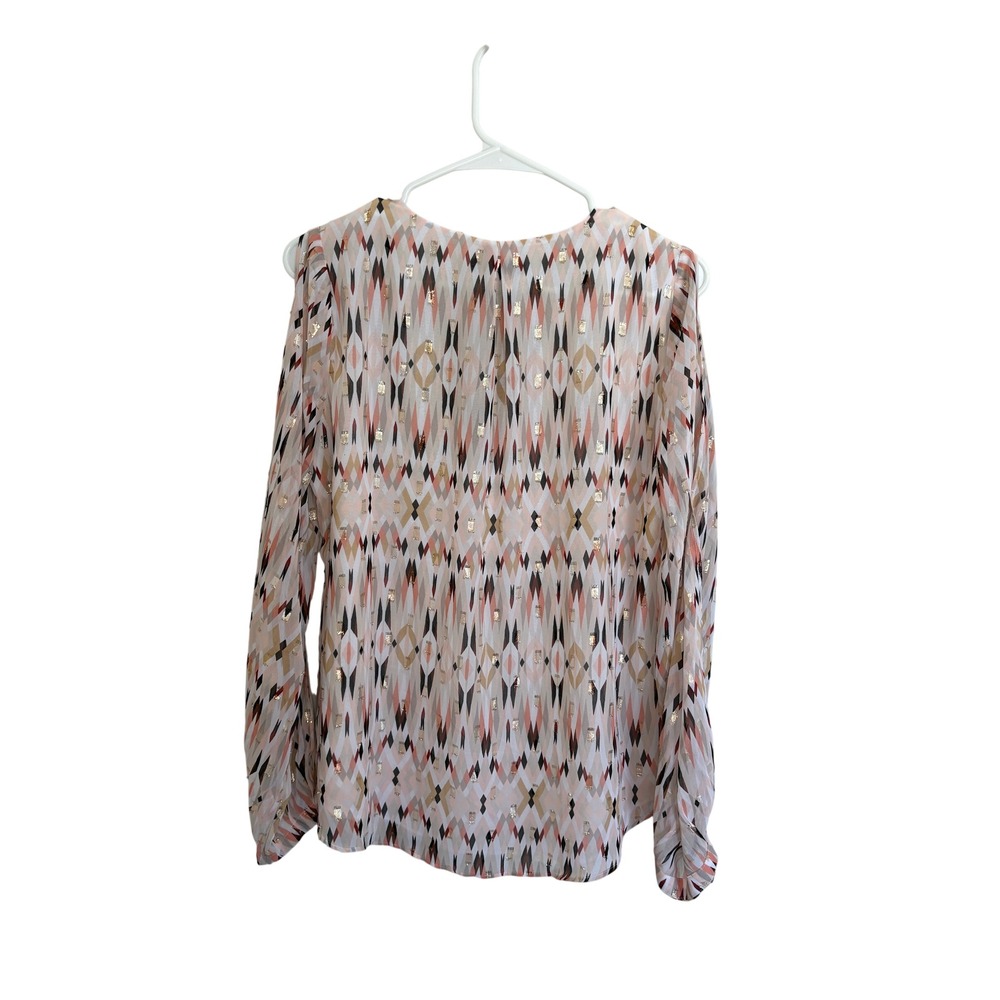 White House Black Market Sheer Metallic Geometric Blouse Size 6 Pink Gold L Boho - Picture 2 of 7